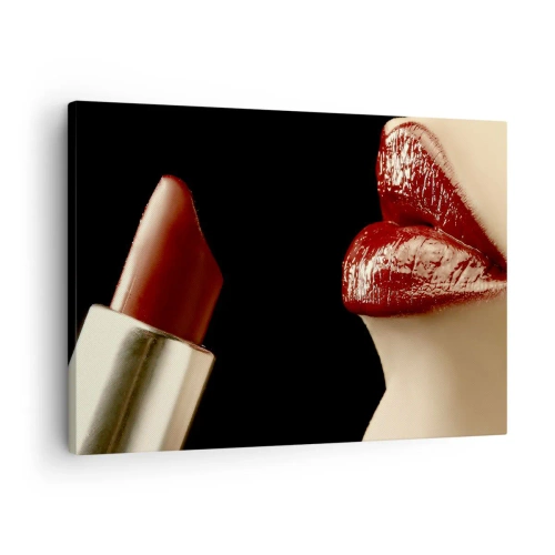 Tablou pe pânză Canvas - Buze roșii și ruj pe fundal negru - 70x50cm - Senzualitatea și strălucirea carminului - Decorațiune modernă pentru perete pentru living și dormitor ARTTOR