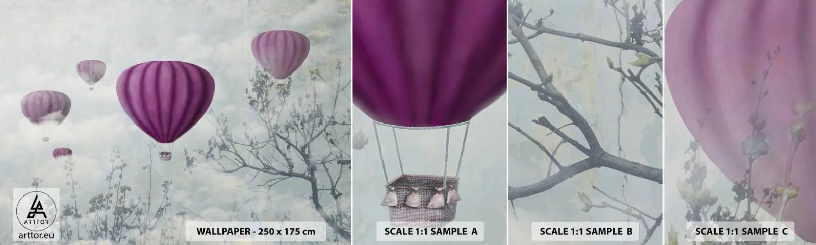 Mostră tapet autocolant Deluxe Sticker - Ca niște nave pe cer - Abstracția, Zborul cu balonul, Grafică - 100x30 cm