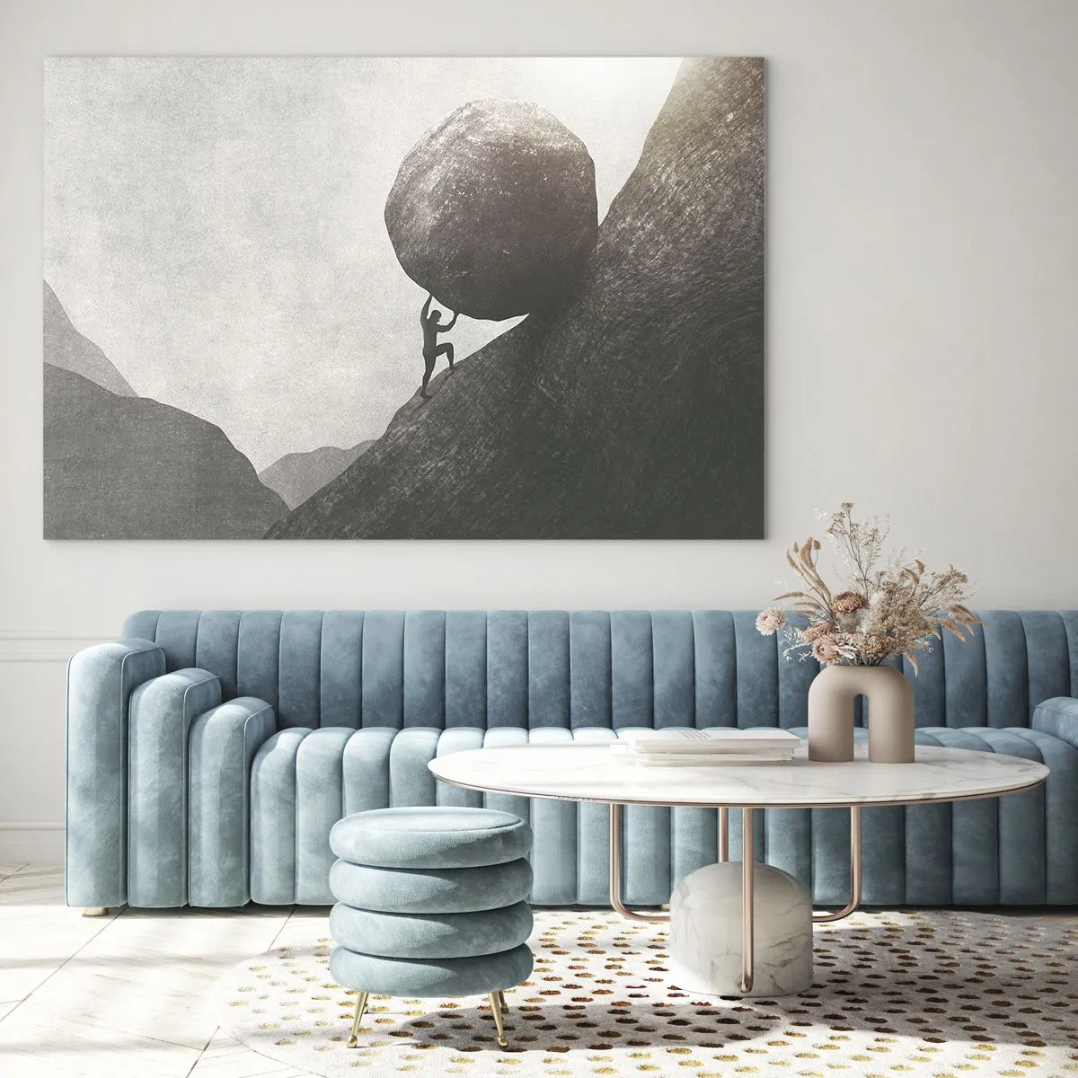 Tablou pe sticlă - O figură împingând o piatră în sus, pe un peisaj montan - 70x50cm - Cred, în ciuda așteptărilor - Decorațiune modernă pentru perete pentru living și dormitor ARTTOR