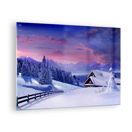Tablou pe sticlă - Peisaj de iarnă cu o cabană și munți acoperiți de zăpadă - 70x50cm - Noapte liniștită - Decorațiune modernă pentru perete pentru living și dormitor ARTTOR
