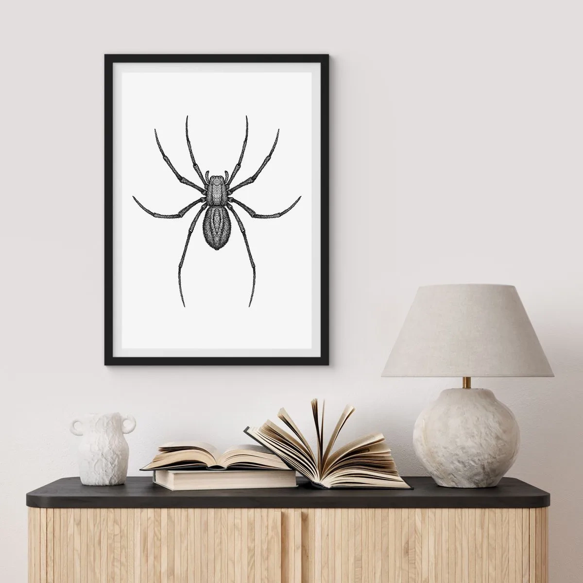 Poster în ramă neagră - Ilustrație detaliată a unui păianjen pe fundal alb - 50x70cm - Precizie tulburătoare - Decorațiune modernă pentru perete pentru living și dormitor ARTTOR