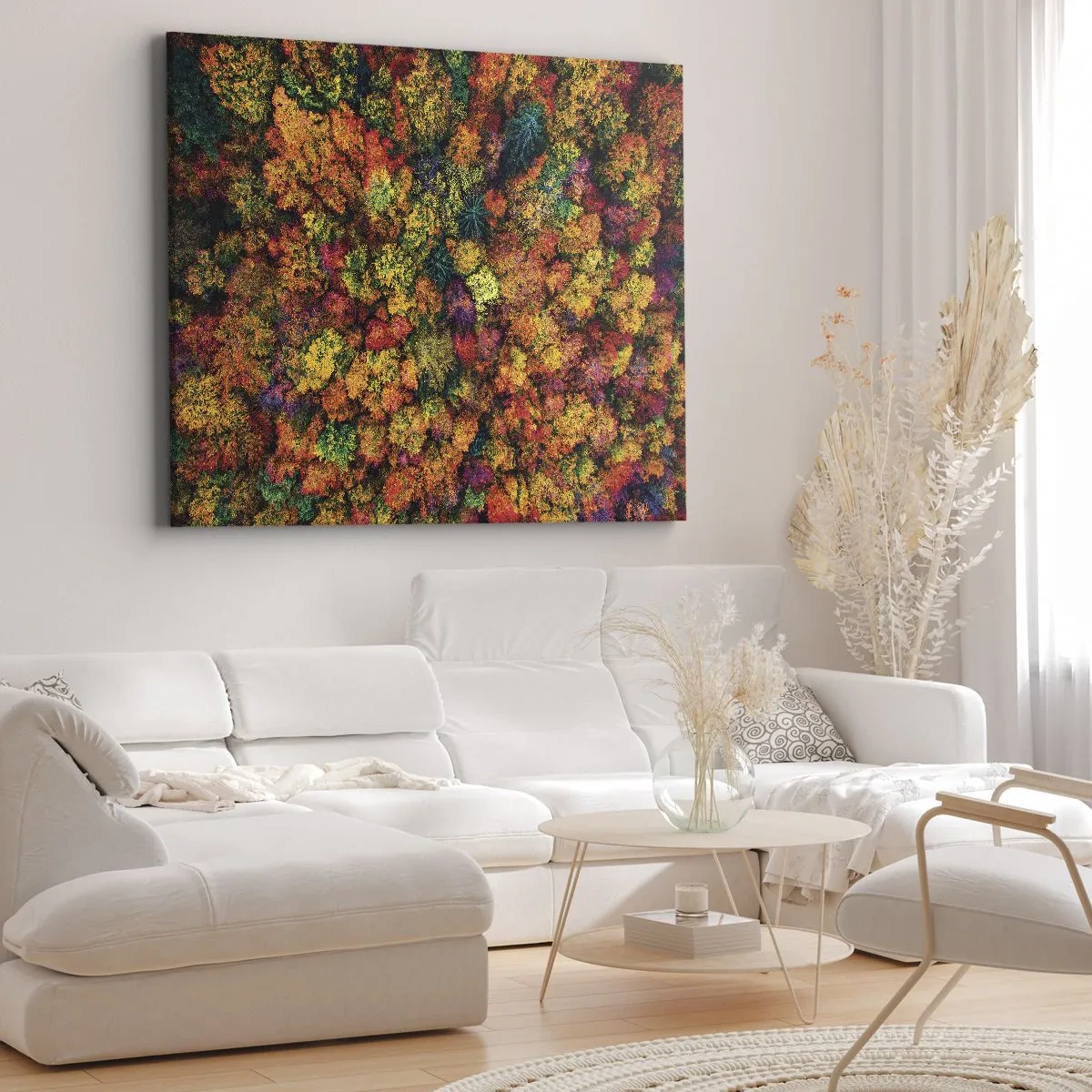 Tablou pe pânză Canvas - Coroane de copaci colorate în paleta de toamnă - 70x50cm - Buchet de copaci de toamnă - Decorațiune modernă pentru perete pentru living și dormitor ARTTOR