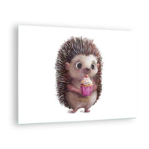 Tablou pe sticlă - Un arici drăguț cu o brioșă pe un fundal alb - 70x50cm - Fiecare zi este o sărbătoare - Decorațiune modernă pentru perete pentru living și dormitor ARTTOR