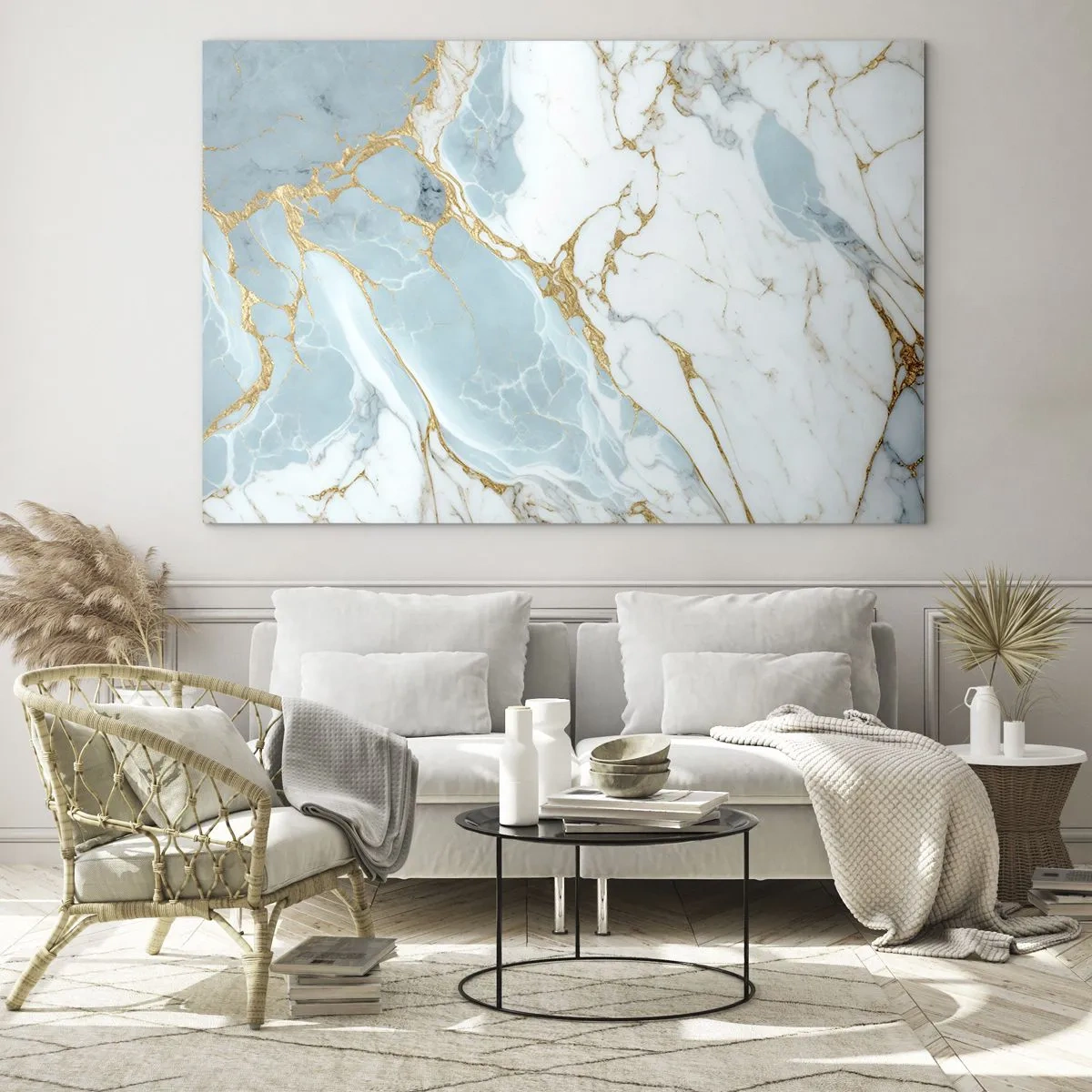 Tablou pe sticlă - Marmură abstractă în nuanțe de albastru și auriu - 70x50cm - Bogăția pietrei - Decorațiune modernă pentru perete pentru living și dormitor ARTTOR