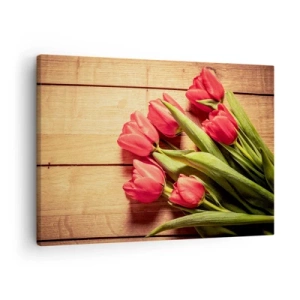 Tablou pe pânză Canvas - Un buchet de lalele roz pe un fundal de lemn - 70x50cm - Mărturisire de primăvară - Decorațiune modernă pentru perete pentru living și dormitor ARTTOR