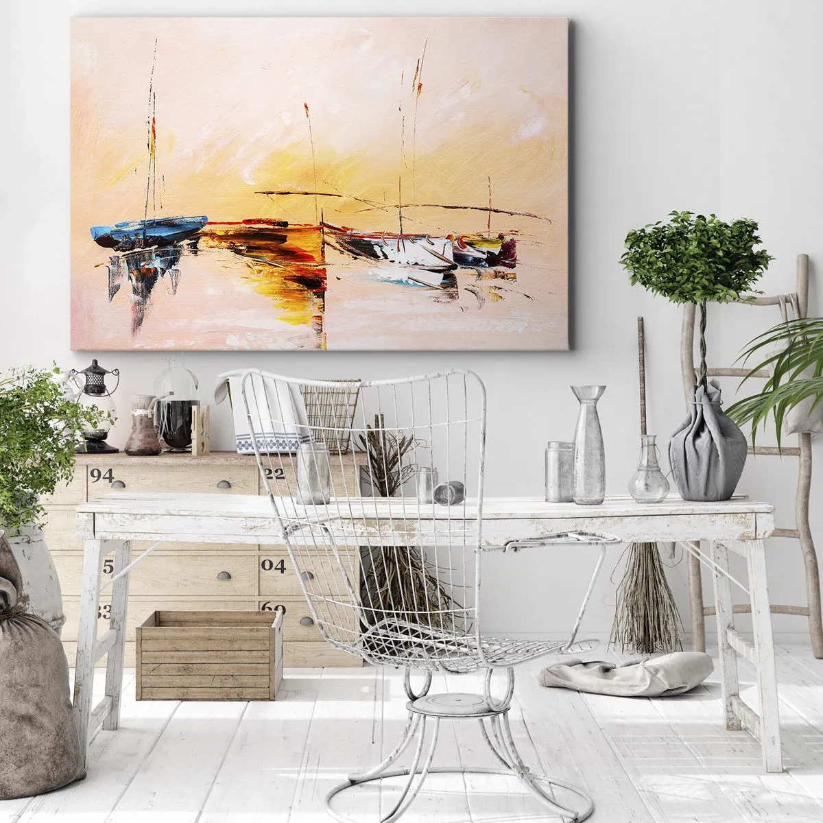Tablou pe pânză Canvas - Bărci colorate pe ape calme la apus - 70x50cm - O seară în golf - Decorațiune modernă pentru perete pentru living și dormitor ARTTOR