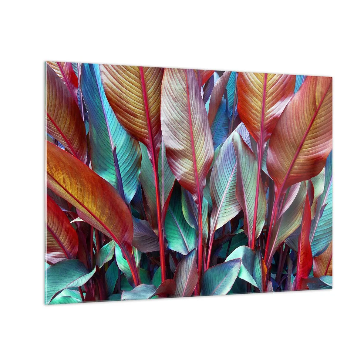 Tablou pe sticlă - Un desiș colorat de frunze în nuanțe de roșu, verde și violet - 70x50cm - Tufiș colorat - Decorațiune modernă pentru perete pentru living și dormitor ARTTOR