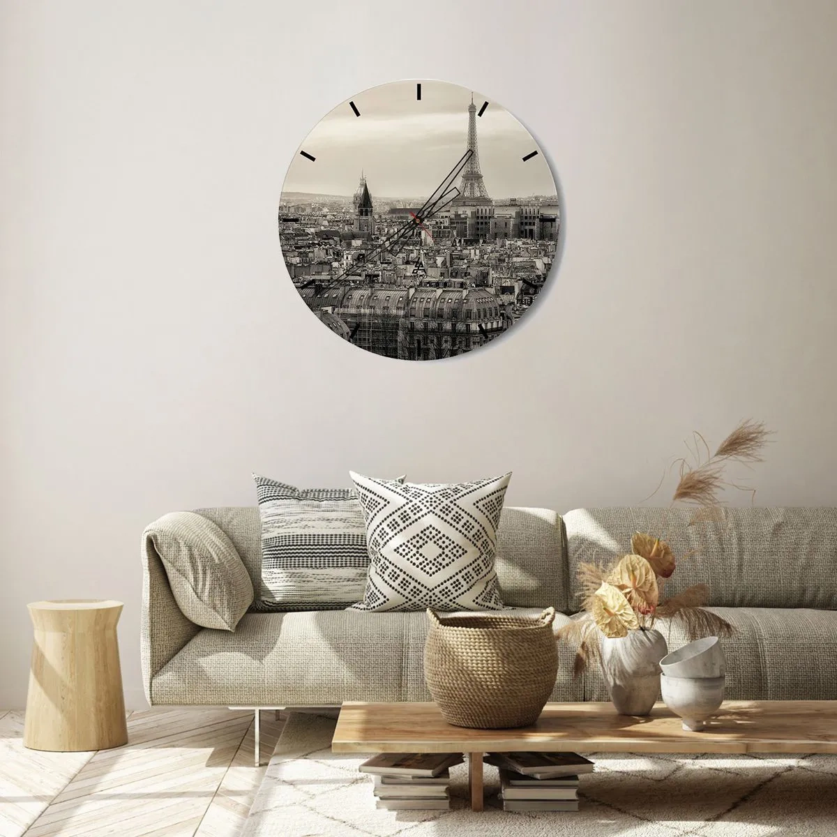 Ceas de perete - Ceas pe sticlă - Vedere panoramică a Parisului cu Turnul Eiffel - 30x30cm - Deasupra acoperișurilor Parisului - Decorațiune modernă pentru perete pentru living, bucătărie și dormitor ARTTOR