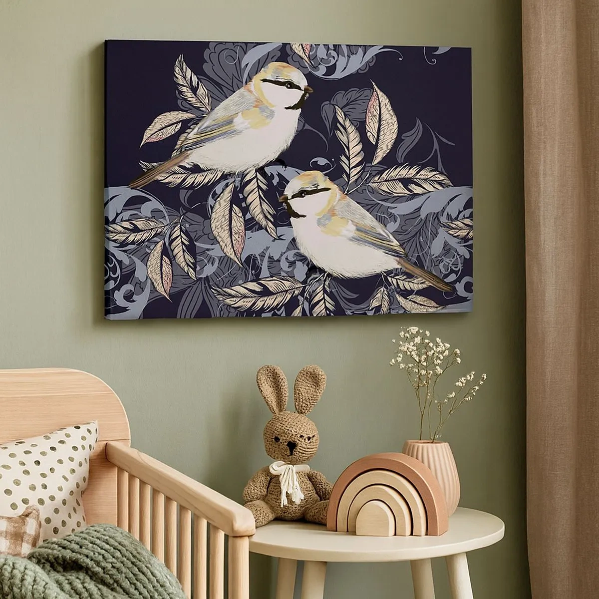 Tablou pe pânză Canvas - Păsări pe ramuri într-un fundal ornamental - 70x50cm - Ciripirile galben-albastru - Decorațiune modernă pentru perete pentru living și dormitor ARTTOR