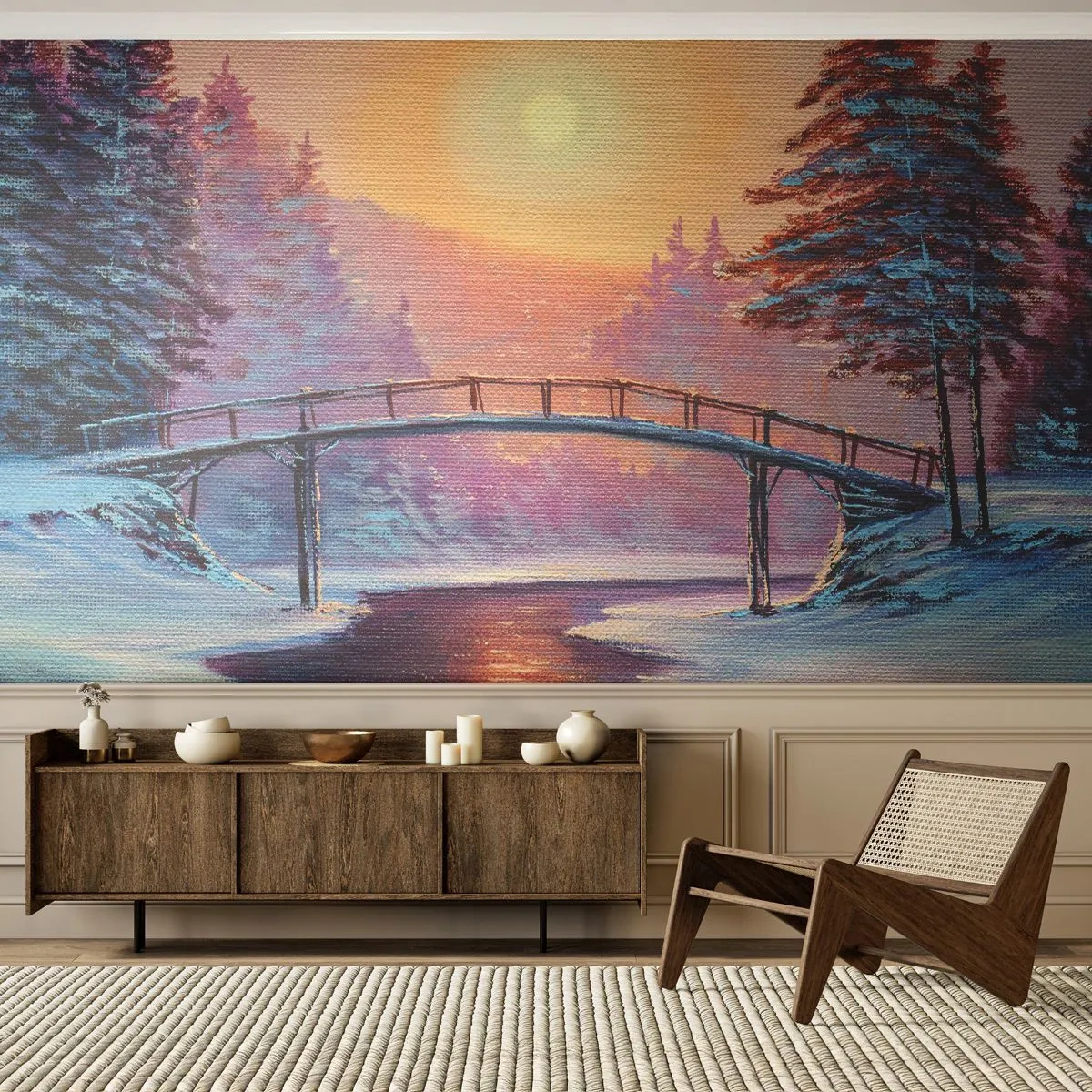Tapet Standard Eco - Cele patru anotimpuri - iarna - Peisaj, Râu, Pod - 400x280 cm