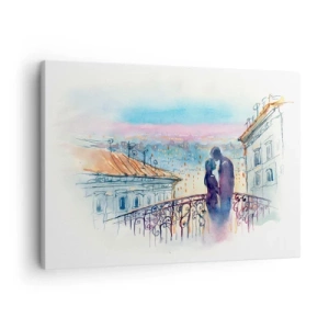 Tablou pe pânză Canvas - Cuplu romantic pe un balcon cu vedere la oraș - 70x50cm - Iubiți parizieni - Decorațiune modernă pentru perete pentru living și dormitor ARTTOR