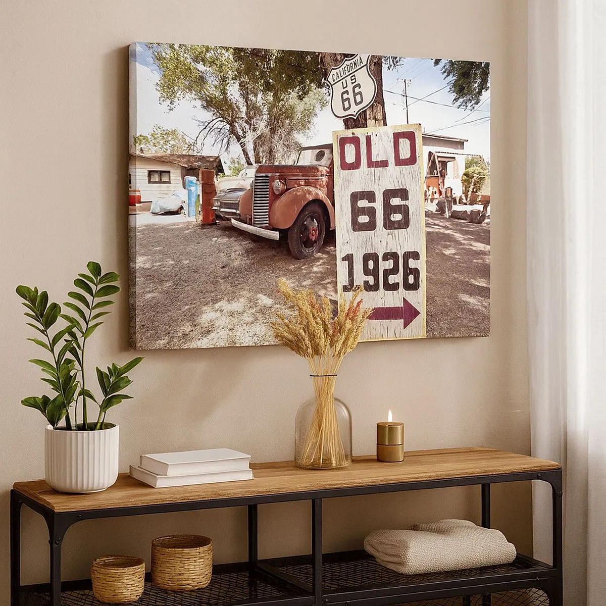 Tablou pe pânză Canvas - Mașină retro și indicator Route 66 într-un cadru rustic - 70x50cm - O legendă provincială americană - Decorațiune modernă pentru perete pentru living și dormitor ARTTOR