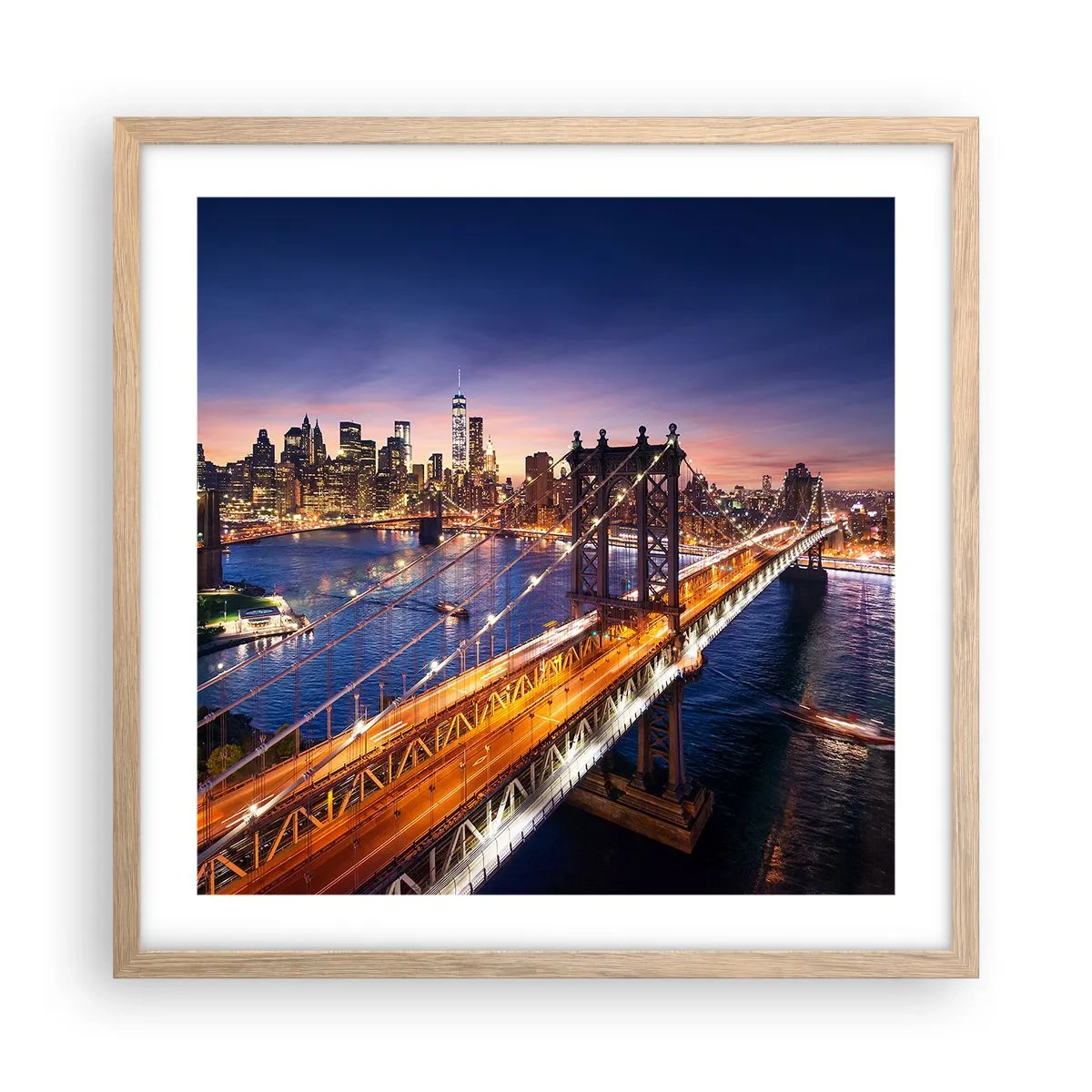 Poster în ramă de stejar deschis - Pe un pod luminos către inima orașului - 50x50 cm