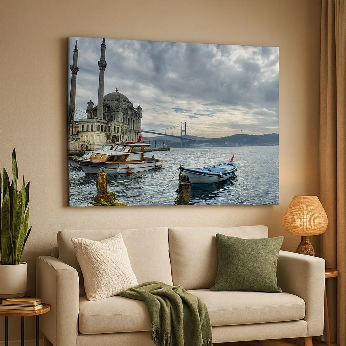 Tablou pe pânză Canvas - O clădire istorică pe apă, cu bărci și un pod în fundal - 70x50cm - La granița dintre lumi - Decorațiune modernă pentru perete pentru living și dormitor ARTTOR
