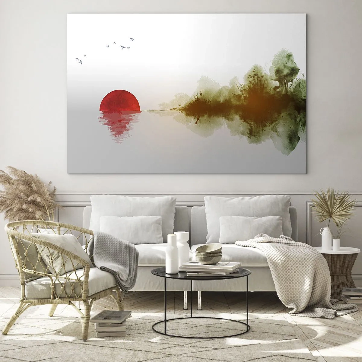 Tablou pe sticlă - Soare roșu peste apă și conturul pădurii - 70x50cm - Promisiune de liniște - Decorațiune modernă pentru perete pentru living și dormitor ARTTOR