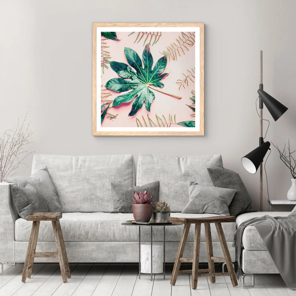 Poster în ramă de stejar deschis - Studiu de verdeață pe un fundal roz - 30x30 cm