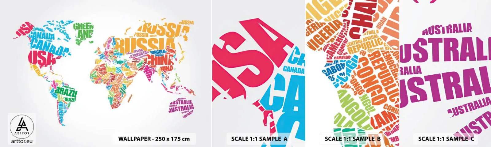 Mostră tapet autocolant Deluxe Sticker - Vreau să le cunosc pe toate - Harta lumii, Grafică, Continente - 100x30 cm