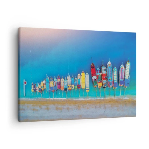 Tablou pe pânză Canvas - Bărci colorate aliniate la rând pe țărm - 70x50cm - Din perspectiva unei păsări - Decorațiune modernă pentru perete pentru living și dormitor ARTTOR