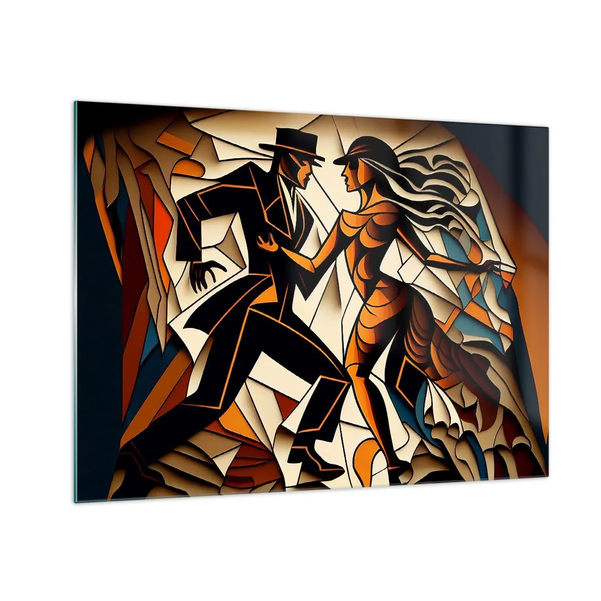 Tablou pe sticlă - Un cuplu stilizat dansând într-o formă abstractă dinamică. - 70x50cm - Dans cu pasiune - Decorațiune modernă pentru perete pentru living și dormitor ARTTOR