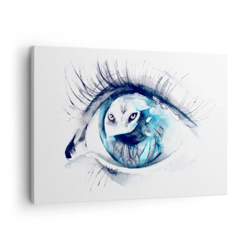 Tablou pe pânză Canvas - Un ochi cu imaginea unei bufnițe în nuanțe de albastru în acuarelă - 70x50cm - Ochi în ochi cu sălbăticia - Decorațiune modernă pentru perete pentru living și dormitor ARTTOR