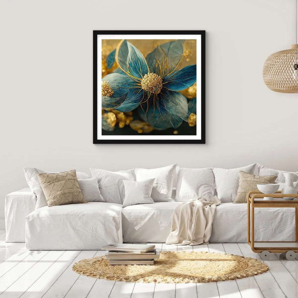 Poster în ramă neagră - Floare cu aur - 30x30 cm