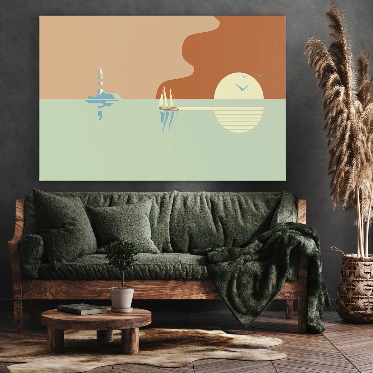 Tablou pe pânză Canvas - Un peisaj marin minimalist cu o barcă cu pânze și un apus de soare - 70x50cm - Peisaj marin perfect - Decorațiune modernă pentru perete pentru living și dormitor ARTTOR