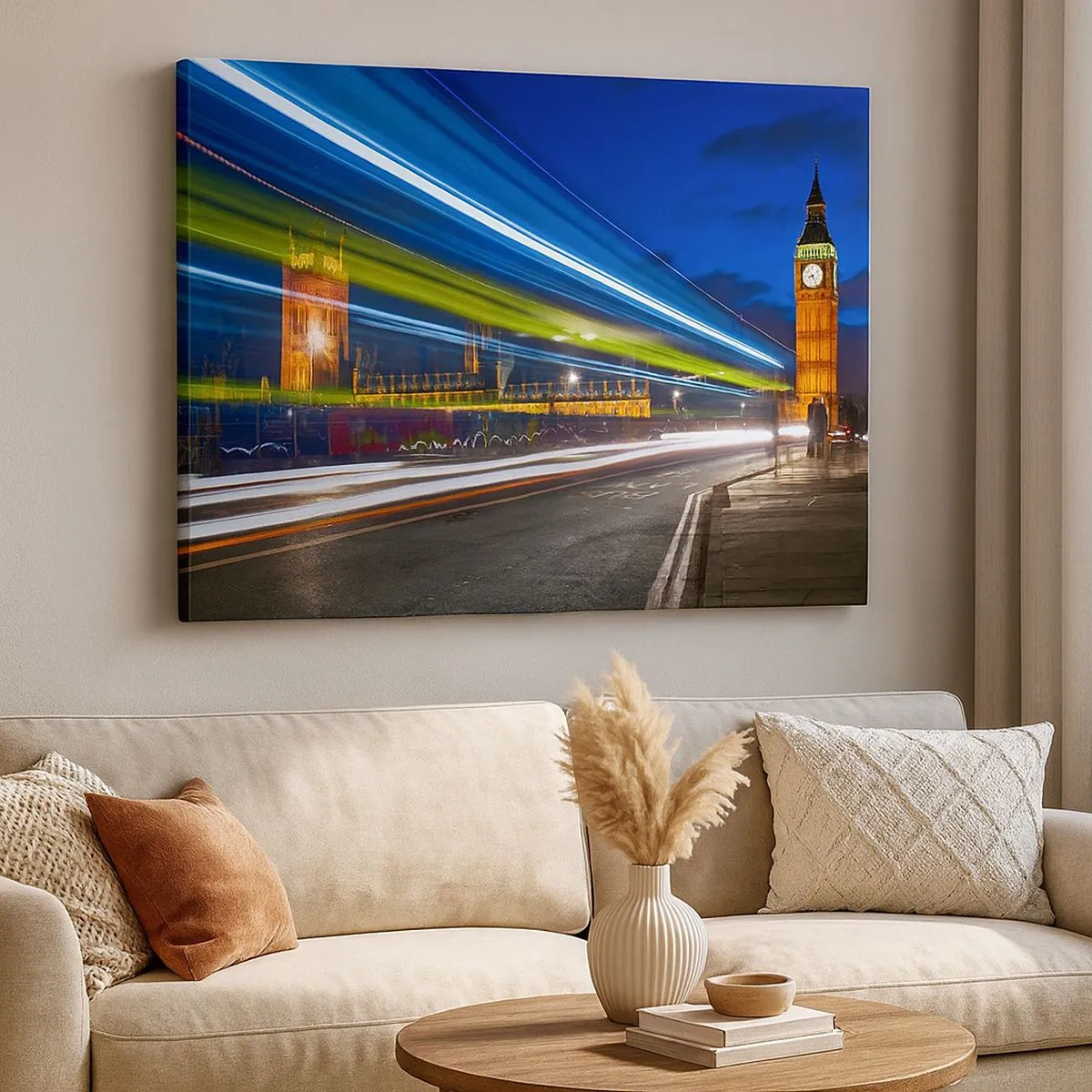 Tablou pe pânză Canvas - Big Ben noaptea cu efectul luminilor în traficul stradal - 70x50cm - Sub ochiul lui Big Ben - Decorațiune modernă pentru perete pentru living și dormitor ARTTOR