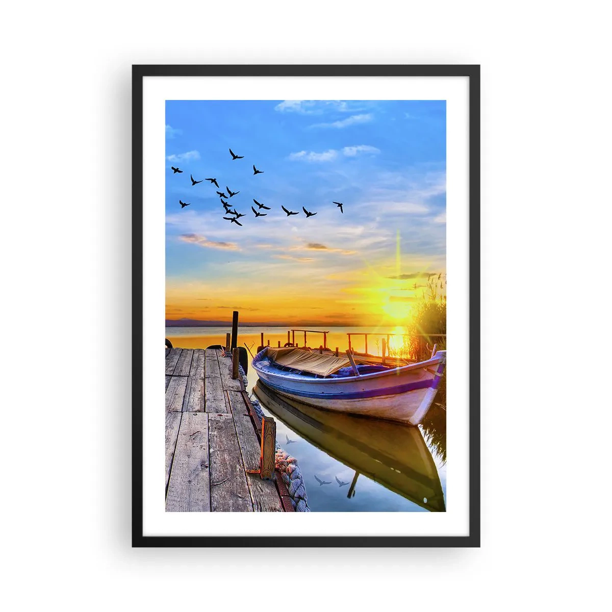 Poster în ramă neagră - O barcă pe un lac la apus, cu păsări în fundal - 50x70cm - La revedere, până mâine - Decorațiune modernă pentru perete pentru living și dormitor ARTTOR