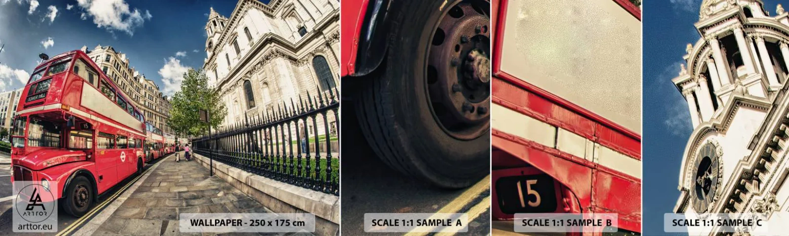 Mostră tapet autocolant Deluxe Sticker - Stradă din Londra în gri și roșu - Oraș, Londra, Autobuz roșu - 100x30 cm