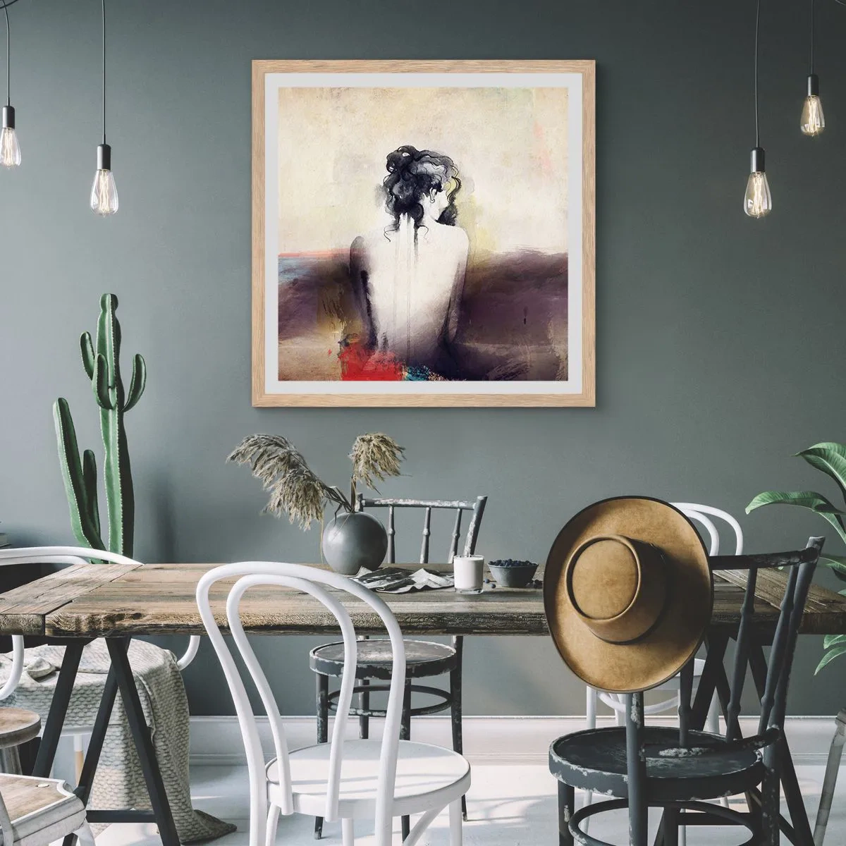 Poster în ramă de stejar deschis - Linii moi, forme ovale - 60x60 cm