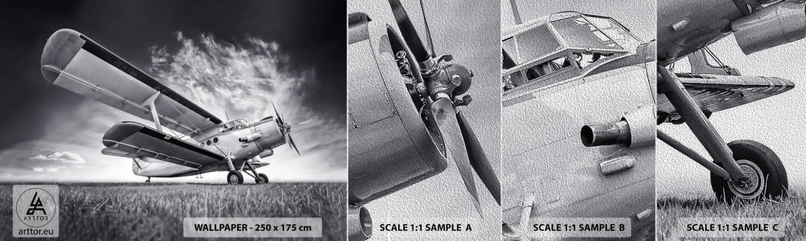 Mostră tapet Premium Sand - Rătăcitorul înaripat - Avion, Avioane, alb-negru - 100x30 cm