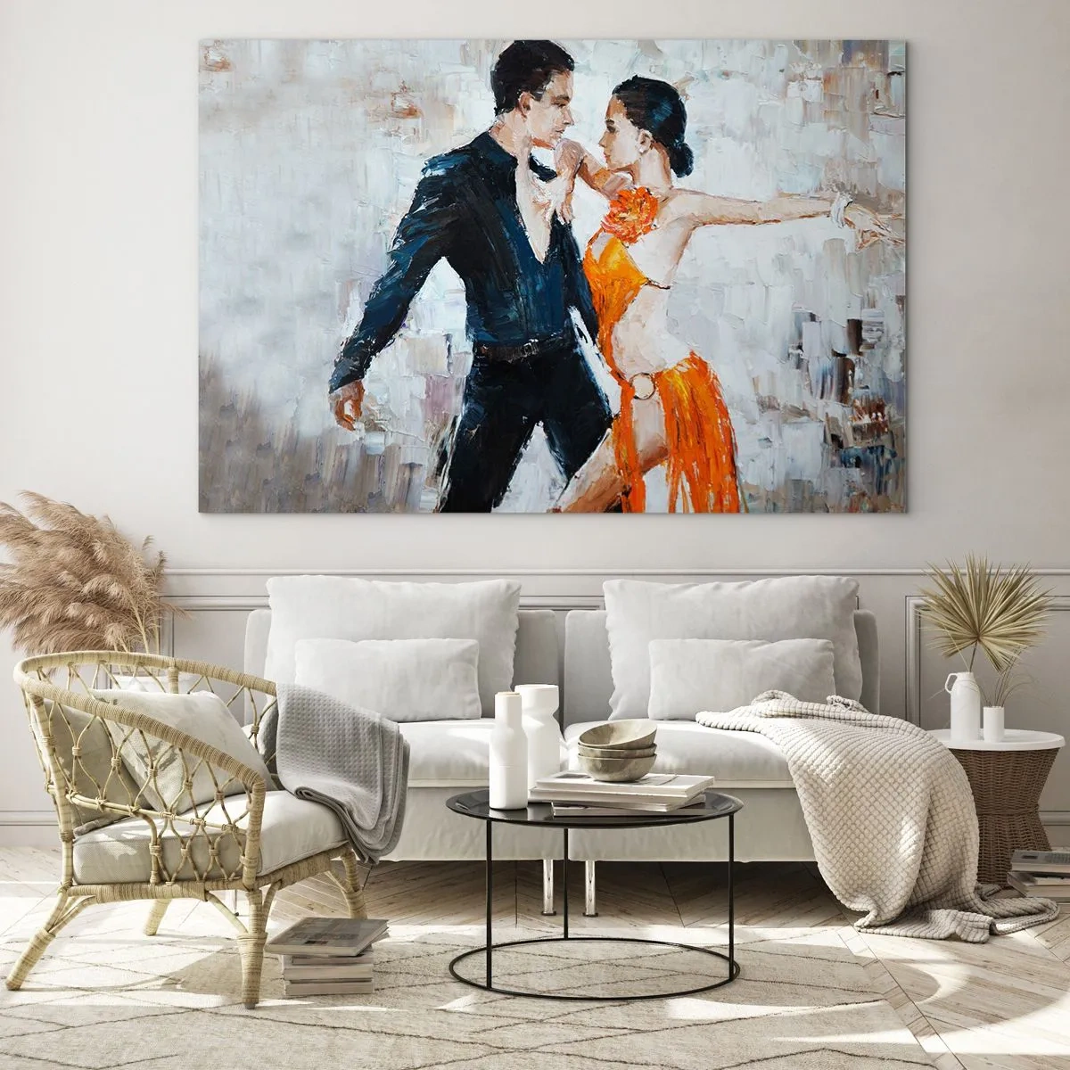 Tablou pe sticlă - Un cuplu dansând într-o poză dinamică pe un fundal în stil impresionist - 70x50cm - Dirty dancing - Decorațiune modernă pentru perete pentru living și dormitor ARTTOR