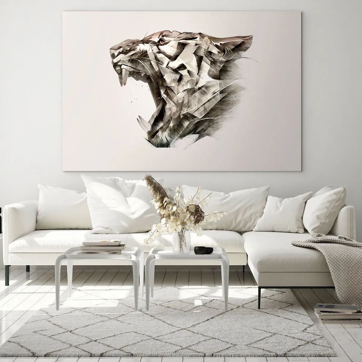 Tablou pe sticlă - Ilustrație geometrică a unui tigru care răcnește pe un fundal deschis - 70x50cm - Știți deja cine este la conducere - Decorațiune modernă pentru perete pentru living și dormitor ARTTOR