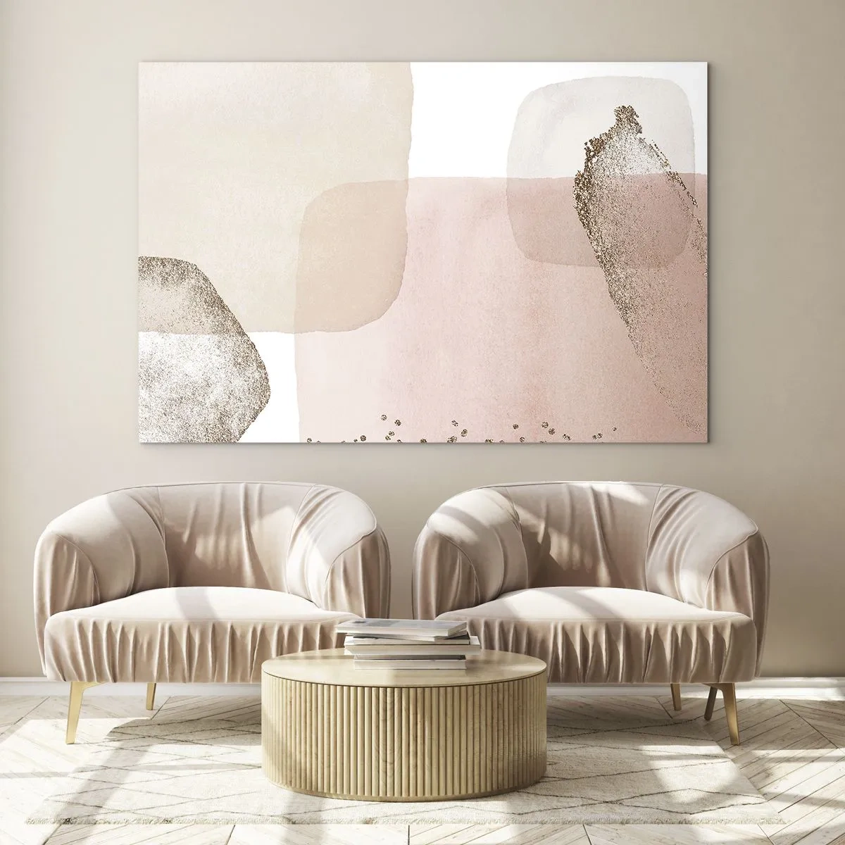 Tablou pe sticlă - O compoziție abstractă în nuanțe de roz, bej și auriu. - 70x50cm - O privire prin culoare - Decorațiune modernă pentru perete pentru living și dormitor ARTTOR
