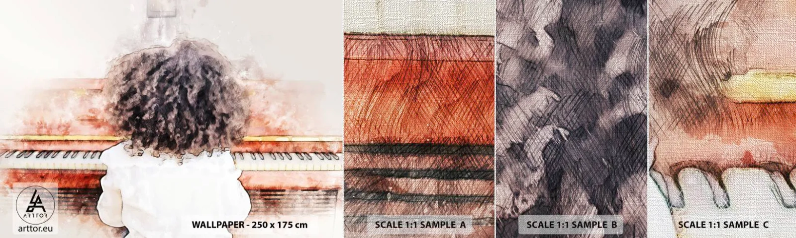 Mostră tapet Premium Canvas - Într-o lume a muzicii - Pian, Muzică, Muzician - 100x30 cm