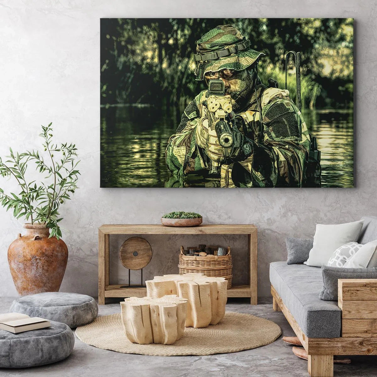 Tablou pe pânză Canvas - Un soldat în camuflaj țintește prin apă. - 70x50cm - Cel mai bun dintre cei mai buni - Decorațiune modernă pentru perete pentru living și dormitor ARTTOR