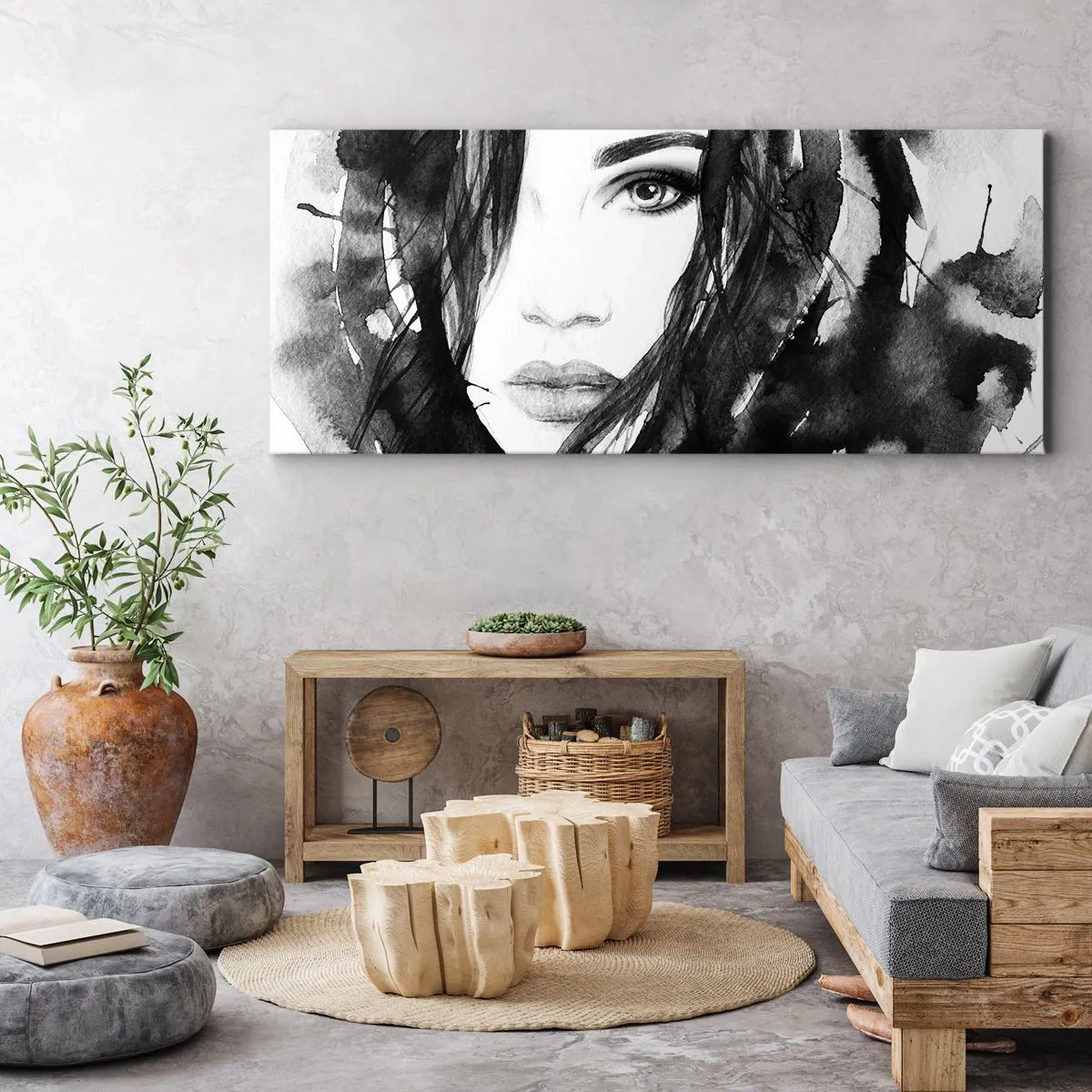 Tablou pe pânză - Studiu unei dame în alb și negru - 90x30 cm