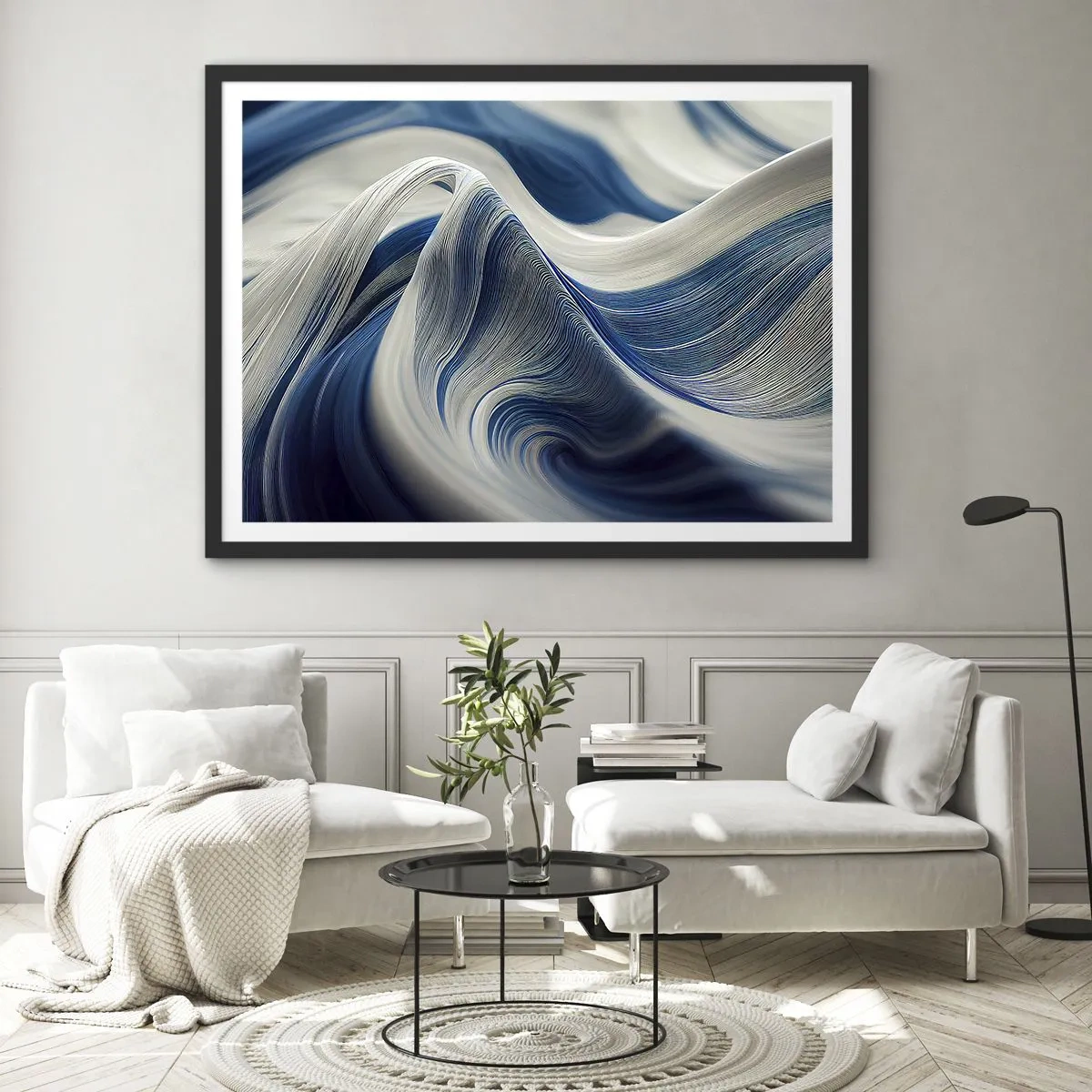 Poster în ramă neagră - Fluiditate de albastru și alb - 70x50 cm