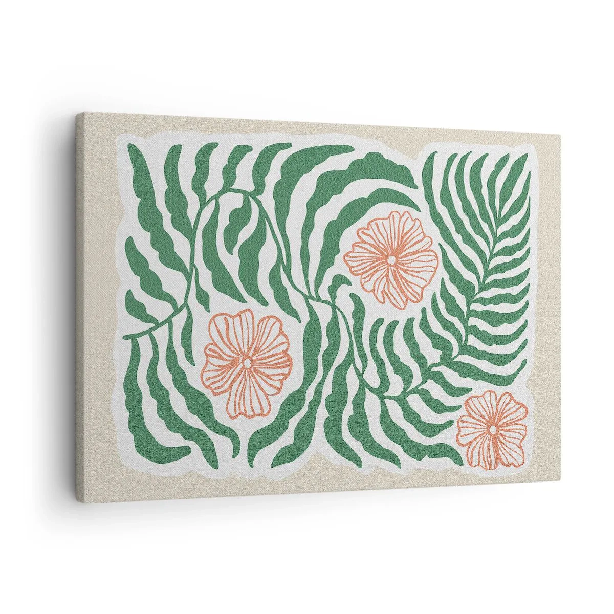 Tablou pe pânză Canvas - Un motiv minimalist de frunze verzi cu flori în nuanțe de portocaliu. - 70x50cm - Înflorite în verde - Decorațiune modernă pentru perete pentru living și dormitor ARTTOR