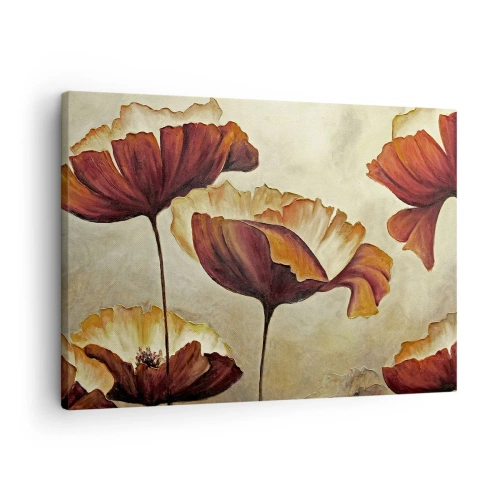 Tablou pe pânză Canvas - Flori subtile în nuanțe de roșu și auriu pe un fundal deschis - 70x50cm - Lunca - Decorațiune modernă pentru perete pentru living și dormitor ARTTOR