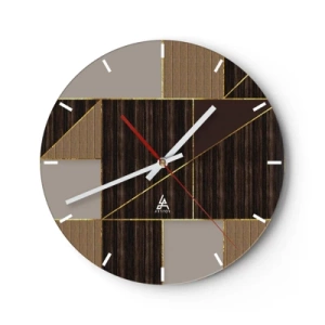 Ceas de perete - Ceas pe sticlă - Mozaic modern cu linii maro, bej și aurii - 30x30cm - Un mozaic de maro și auriu - Decorațiune modernă pentru perete pentru living, bucătărie și dormitor ARTTOR