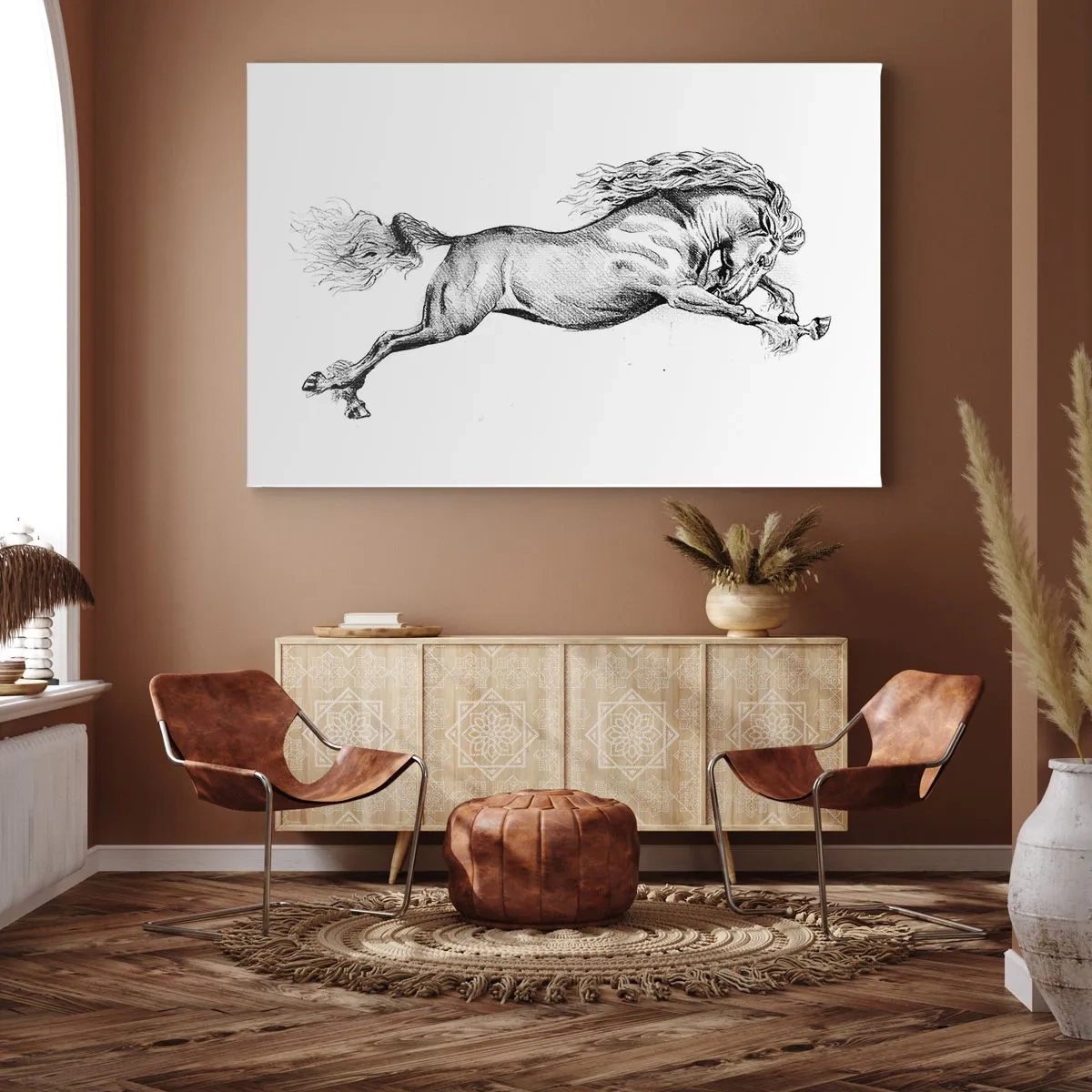 Tablou pe pânză Canvas - Schiță a unui cal într-un galop dinamic pe un fundal alb - 70x50cm - Oprit din galop - Decorațiune modernă pentru perete pentru living și dormitor ARTTOR