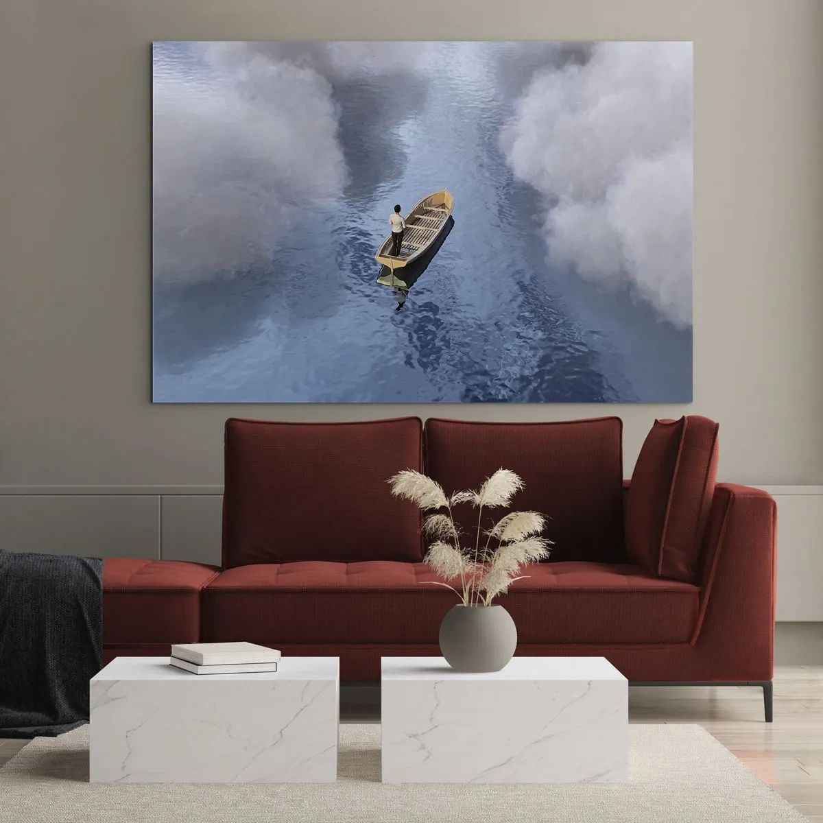 Tablou pe sticlă - Un bărbat într-o barcă navigând prin apă printre nori - 70x50cm - Viață - călătorie - necunoscut - Decorațiune modernă pentru perete pentru living și dormitor ARTTOR