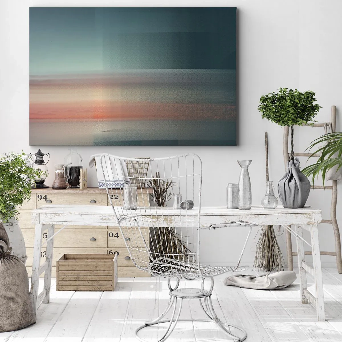 Tablou pe pânză Canvas - Un apus de soare în nuanțe pastelate peste un orizont calm - 70x50cm - Abstracție: unde de lumină - Decorațiune modernă pentru perete pentru living și dormitor ARTTOR