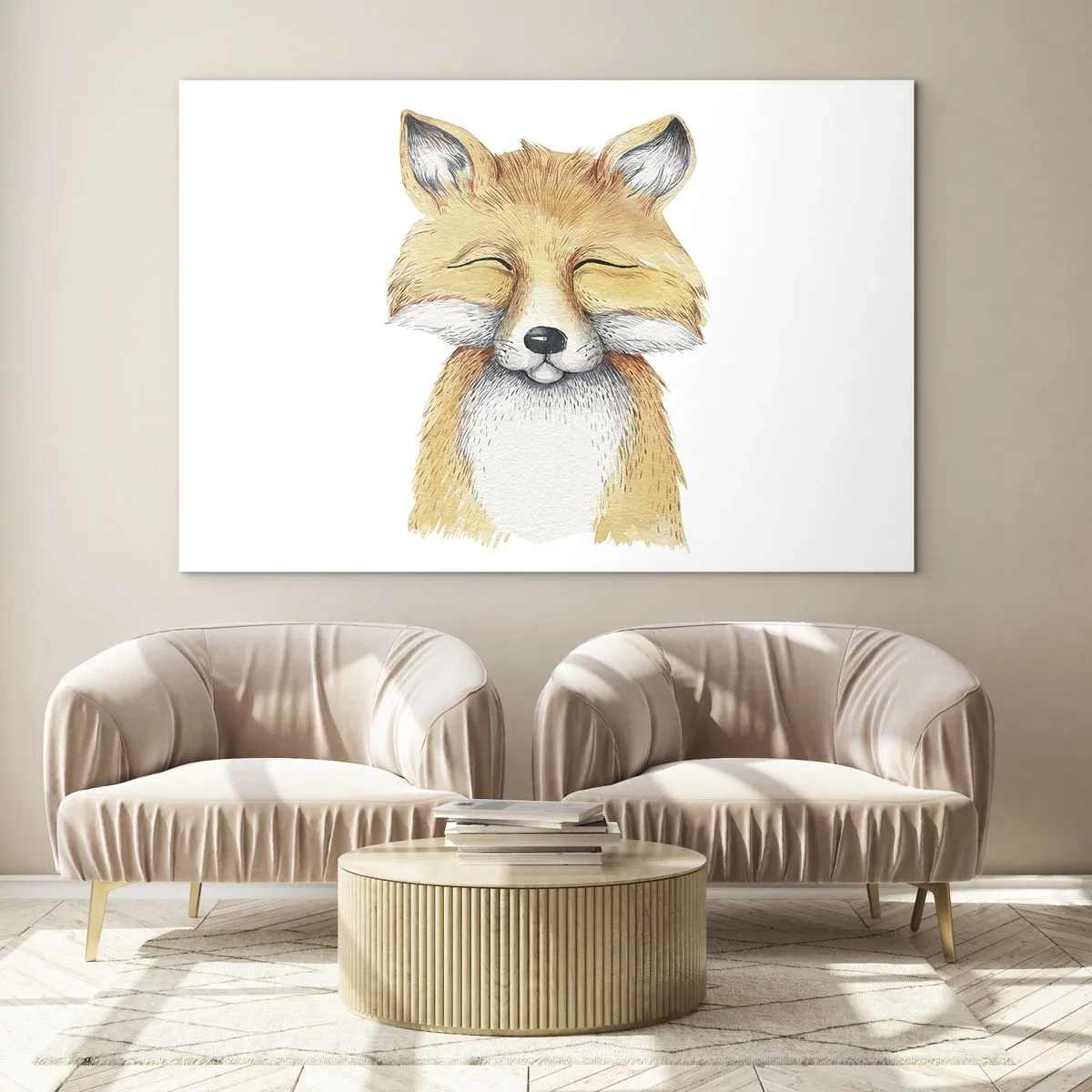 Tablou pe sticlă - vulpe drăguță cu ochii închiși pe un fundal alb - 70x50cm - Mofturi de vulpe - Decorațiune modernă pentru perete pentru living și dormitor ARTTOR