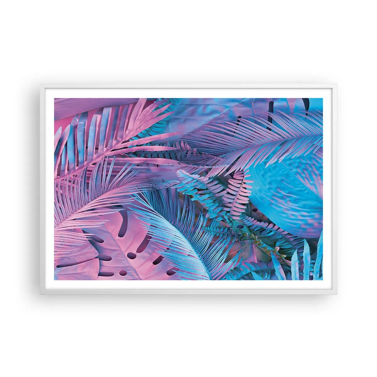 Poster în ramă albă - Palmieri în alb și albastru - 100x70 cm