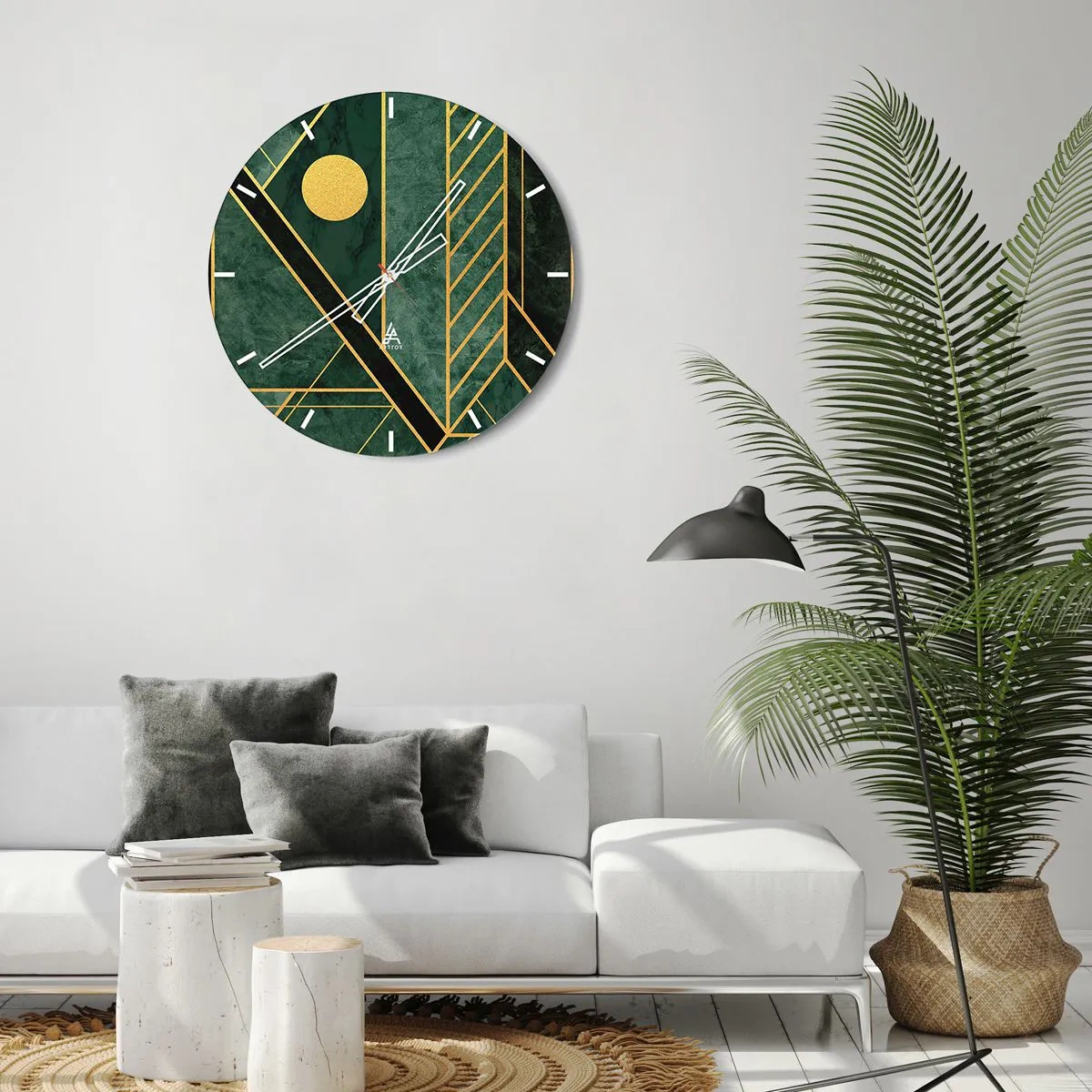 Ceas de perete - Ceas pe sticlă - Fundal verde cu linii geometrice aurii și un cerc auriu - 30x30cm - Dinamica aurului și a azurului - Decorațiune modernă pentru perete pentru living, bucătărie și dormitor ARTTOR
