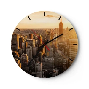 Ceas de perete - Ceas pe sticlă - Panoramă a zgârie-norilor din New York la apus - 30x30cm - Crescând la soare - Decorațiune modernă pentru perete pentru living, bucătărie și dormitor ARTTOR