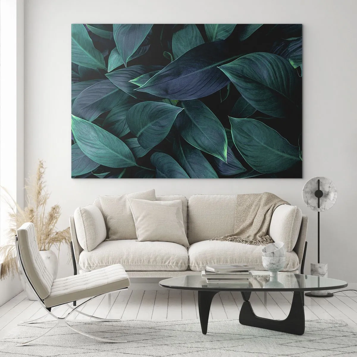 Tablou pe sticlă - Frunze verzi dense pe un fundal întunecat - 70x50cm - Verdeața în sine - Decorațiune modernă pentru perete pentru living și dormitor ARTTOR
