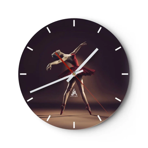 Ceas de perete - Ceas pe sticlă - O balerină într-o rochie roșie într-o poză dinamică - 30x30cm - Prima balerină - Decorațiune modernă pentru perete pentru living, bucătărie și dormitor ARTTOR